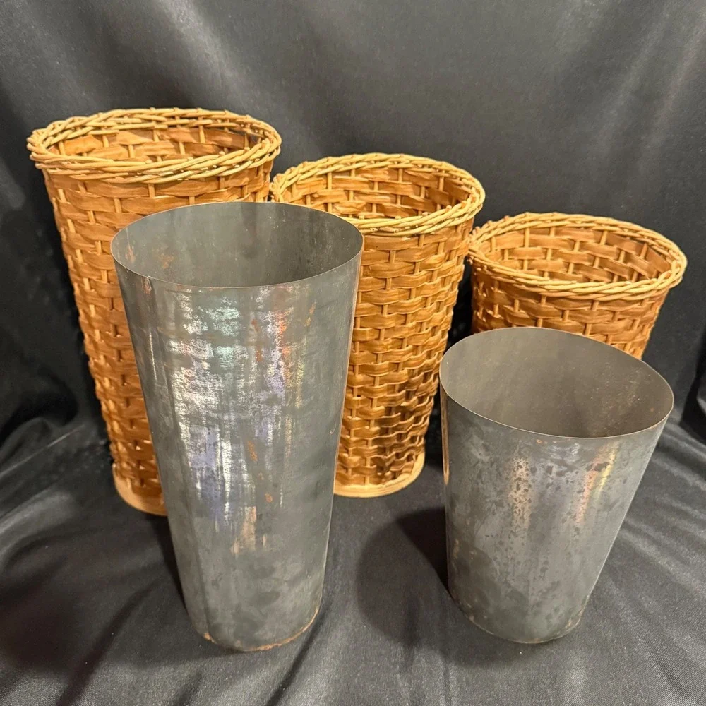 Vintage 3pc Set Woven Wicker Display Basket Vases w/ 2 Metal Liners 14